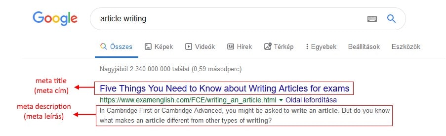 Google kereső találati listáinak két fő eleme, a meta title azaz meta cím és a meta description azaz meta leírás